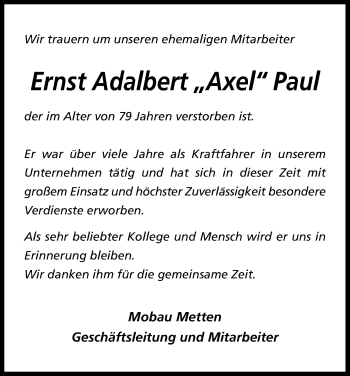 Anzeige von Ernst Adalbert  Paul von RB