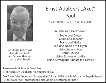 Anzeige von Ernst Adalbert Paul von RB