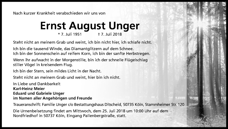  Traueranzeige für Ernst August Unger vom 21.07.2018 aus EXKB