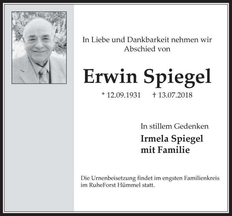 Traueranzeige für Erwin Spiegel vom 18.07.2018 aus  Werbepost 