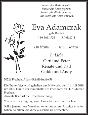 Anzeige von Eva Adamczak von  Sonntags-Post 