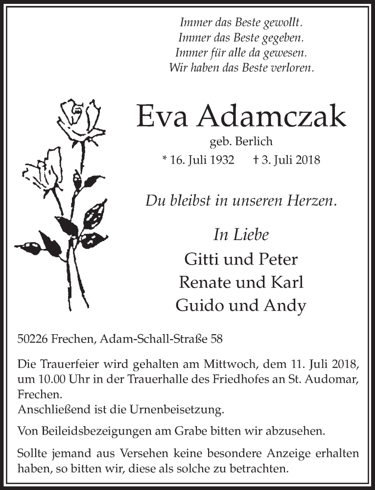  Traueranzeige für Eva Adamczak vom 07.07.2018 aus  Sonntags-Post 