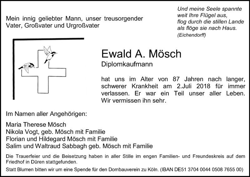  Traueranzeige für Ewald A. Mösch vom 07.07.2018 aus GS