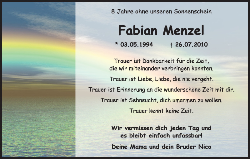  Traueranzeige für Fabian Menzel vom 26.07.2018 aus SLE