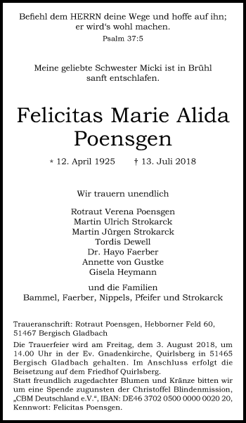 Anzeige von Felicitas Marie Alida Poensgen von RB