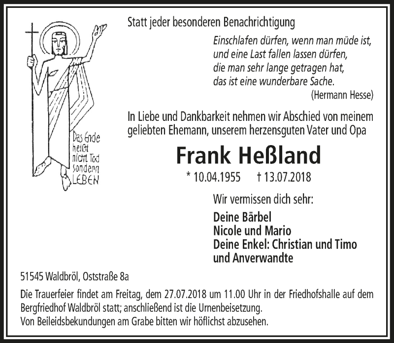  Traueranzeige für Frank Heßland vom 18.07.2018 aus  Lokalanzeiger 