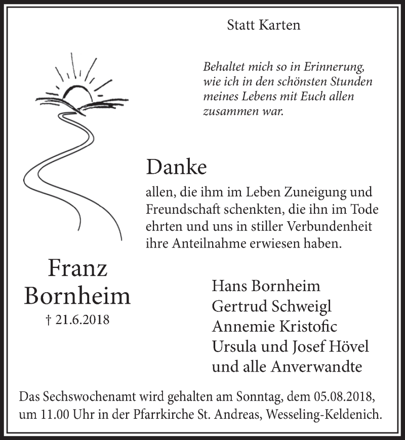  Traueranzeige für Franz Bornheim vom 25.07.2018 aus  Schlossbote/Werbekurier 
