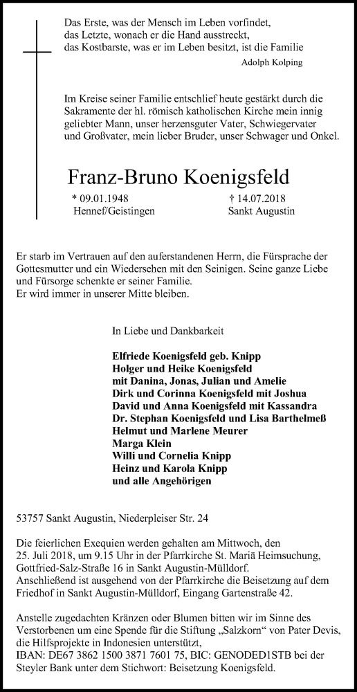  Traueranzeige für Franz-Bruno Koenigsfeld vom 19.07.2018 aus HS