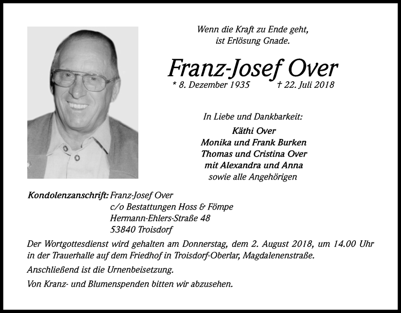  Traueranzeige für Franz-Josef Over vom 28.07.2018 aus HS