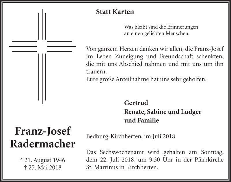  Traueranzeige für Franz-Josef Radermacher vom 14.07.2018 aus  Sonntags-Post 