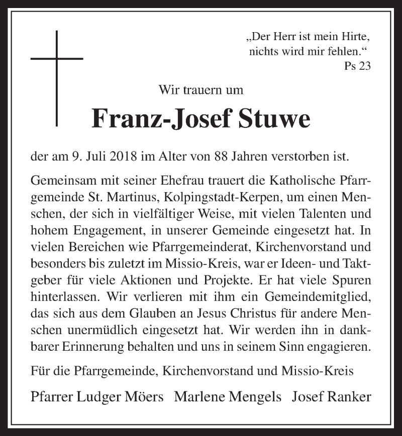  Traueranzeige für Franz-Josef Stuwe vom 18.07.2018 aus  Werbepost 