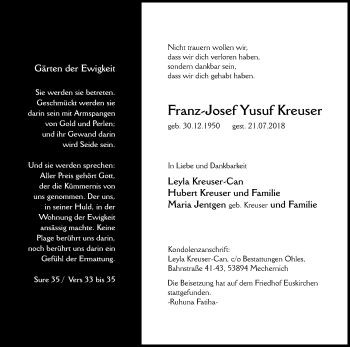 Anzeige von Franz-Josef Yusuf Kreuser von EN