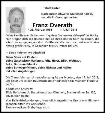 Anzeige von Franz Overath von EXKB
