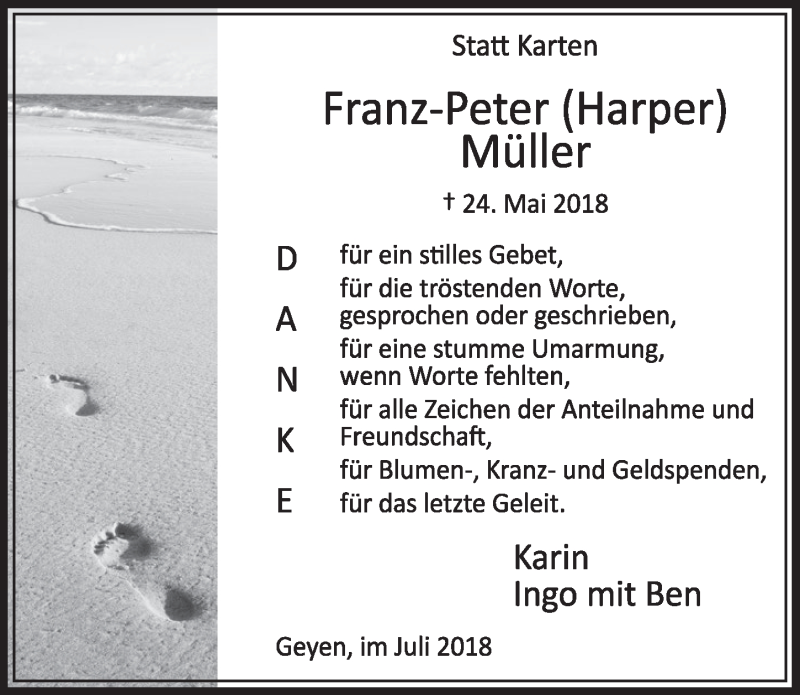  Traueranzeige für Franz-Peter Müller vom 14.07.2018 aus  Sonntags-Post 