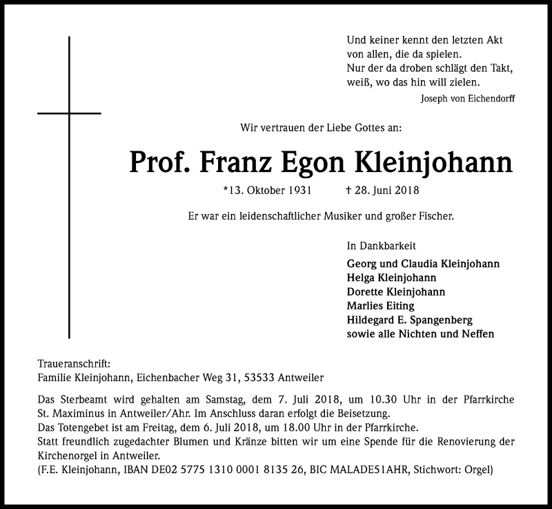  Traueranzeige für Franz Egon Kleinjohann vom 03.07.2018 aus GS
