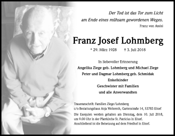 Anzeige von Franz Josef Lohmberg von HS
