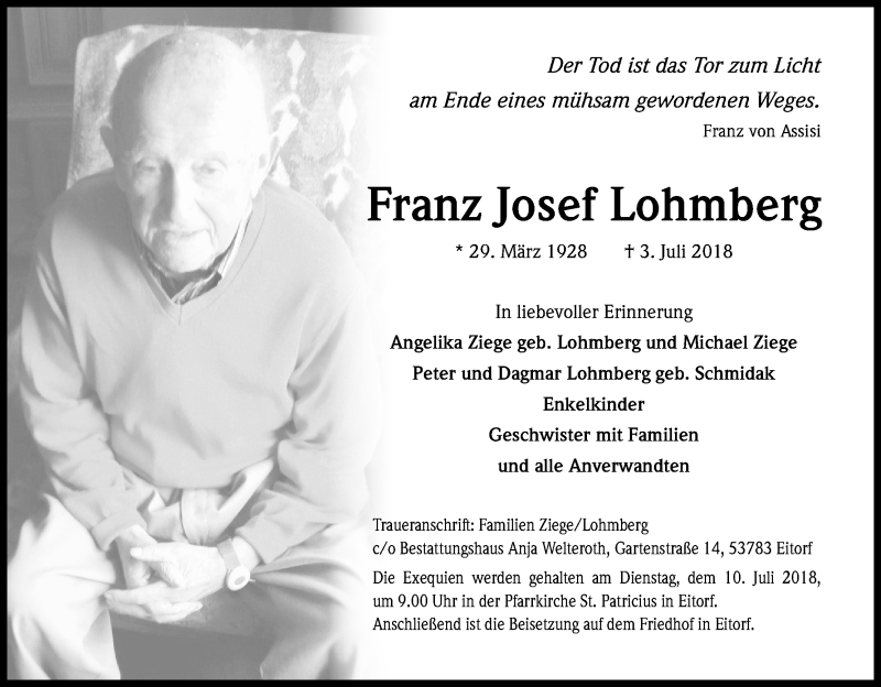  Traueranzeige für Franz Josef Lohmberg vom 07.07.2018 aus HS