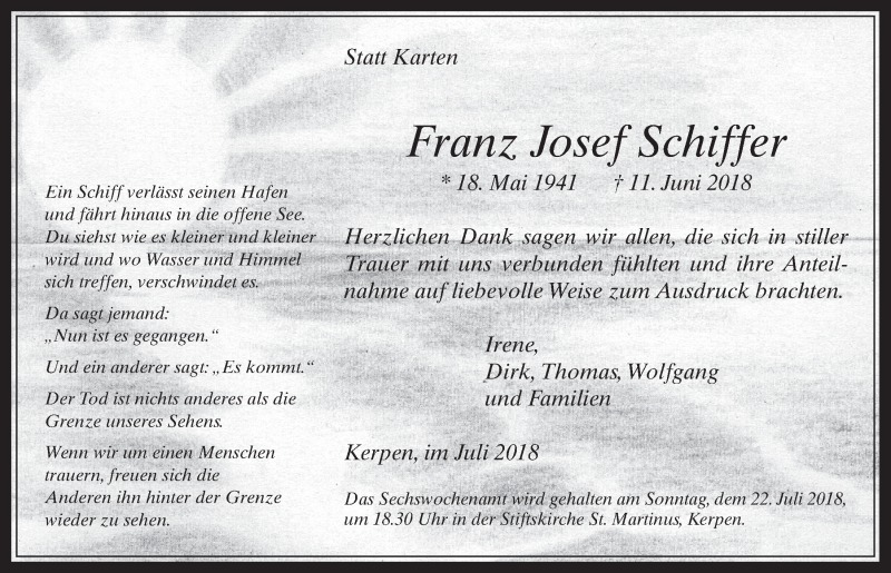  Traueranzeige für Franz Josef Schiffer vom 18.07.2018 aus  Werbepost 