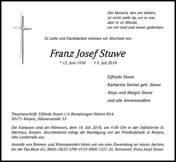 Anzeige von Franz Josef Stuwe von BG