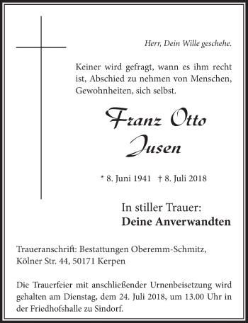 Anzeige von Franz Otto Jusen von  Sonntags-Post 