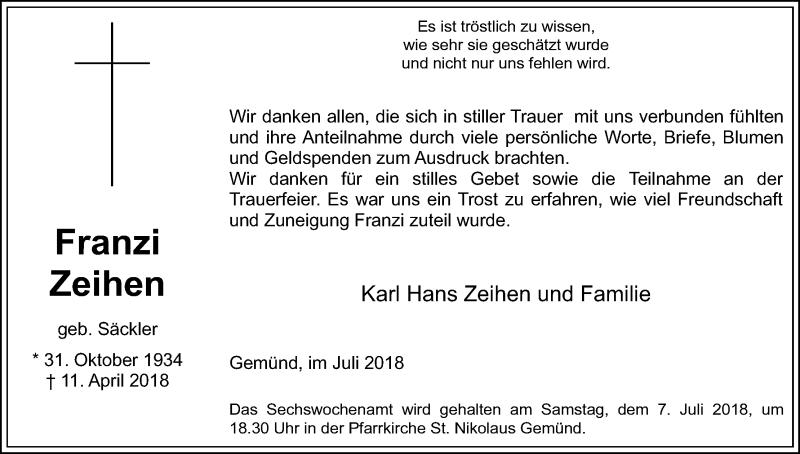  Traueranzeige für Franzi Zeihen vom 04.07.2018 aus EN