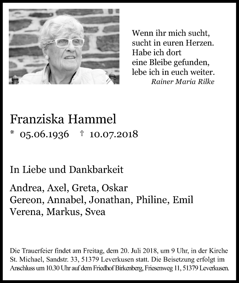  Traueranzeige für Franziska Hammel vom 14.07.2018 aus SLE