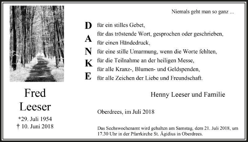  Traueranzeige für Fred Leeser vom 11.07.2018 aus  Schaufenster/Blickpunkt 