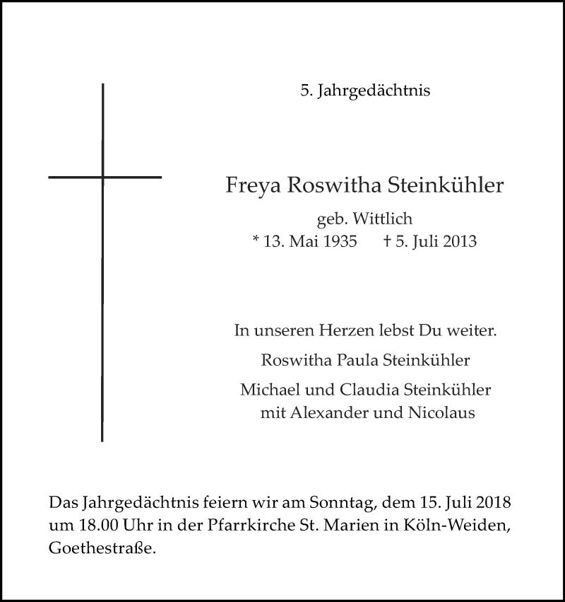  Traueranzeige für Freya Roswitha Steinkühler vom 07.07.2018 aus GS