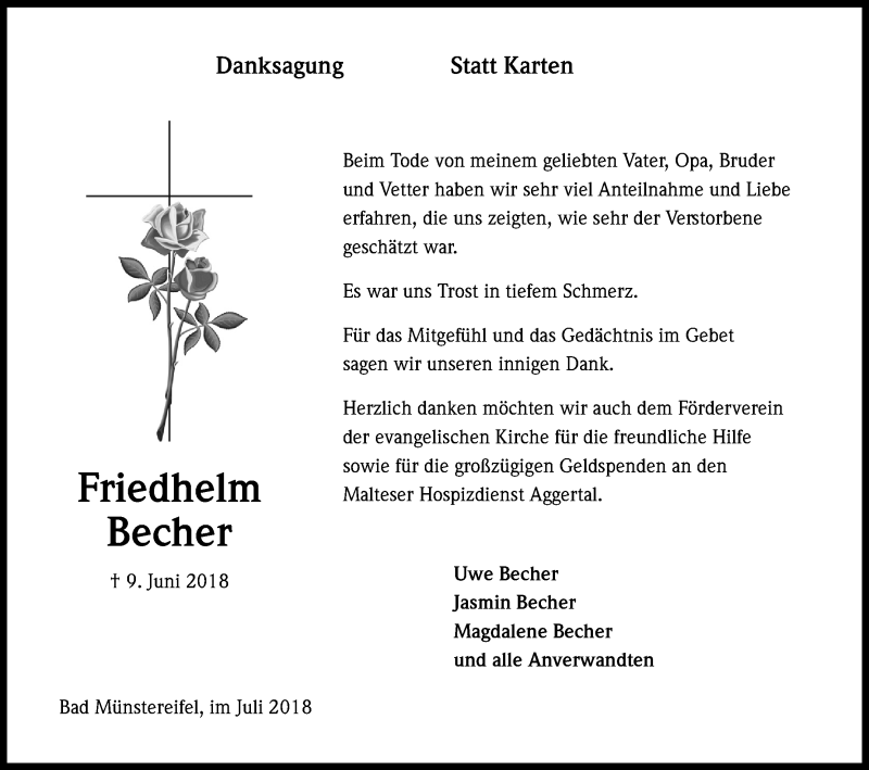  Traueranzeige für Friedhelm Becher vom 14.07.2018 aus OB