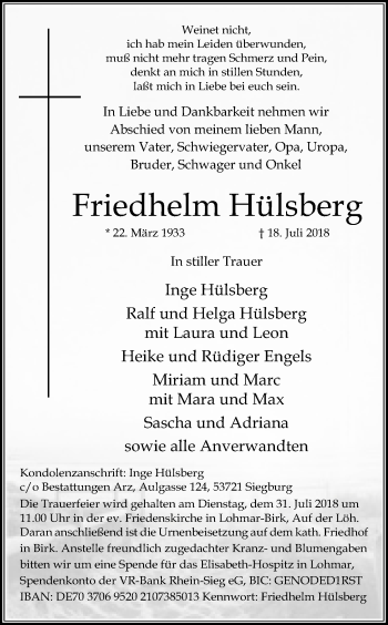 Anzeige von Friedhelm Hülsberg von HS