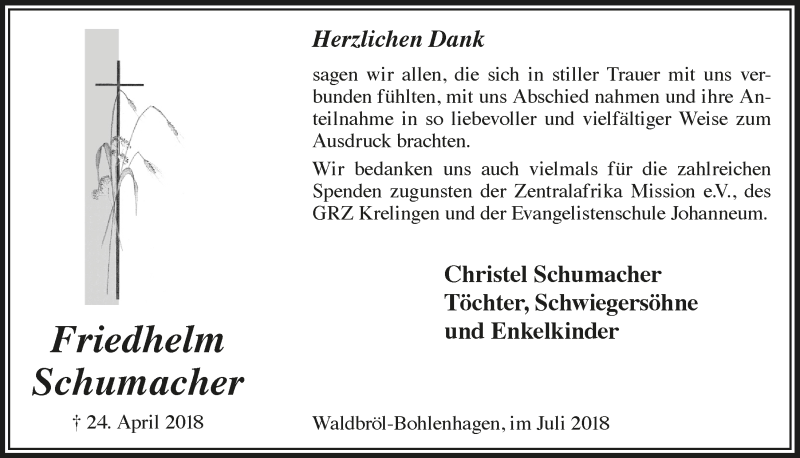  Traueranzeige für Friedhelm Schumacher vom 11.07.2018 aus  Lokalanzeiger 