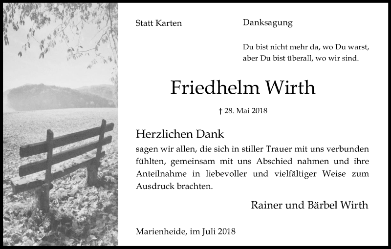  Traueranzeige für Friedhelm Wirth vom 07.07.2018 aus OB