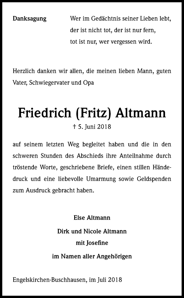  Traueranzeige für Friedrich Altmann vom 21.07.2018 aus OB