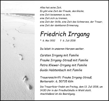 Anzeige von Friedrich Irrgang von OB