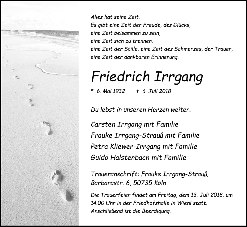  Traueranzeige für Friedrich Irrgang vom 11.07.2018 aus OB