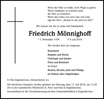 Anzeige von Friedrich Mönnighoff von OB