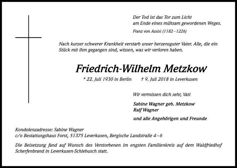  Traueranzeige für Friedrich-Wilhelm Metzkow vom 25.07.2018 aus SLE
