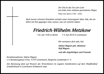 Anzeige von Friedrich-Wilhelm Metzkow von SLE