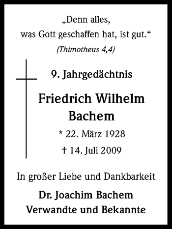 Anzeige von Friedrich Wilhelm Bachem von GS