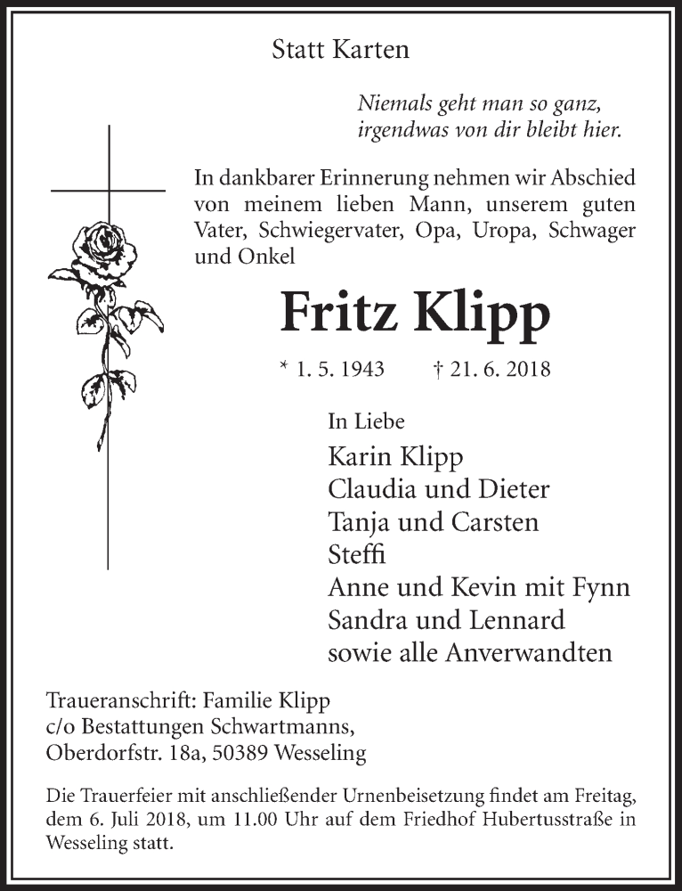  Traueranzeige für Fritz Klipp vom 04.07.2018 aus  Schlossbote/Werbekurier 