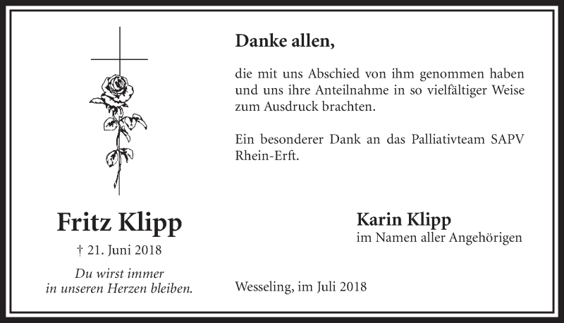  Traueranzeige für Fritz Klipp vom 25.07.2018 aus  Schlossbote/Werbekurier 