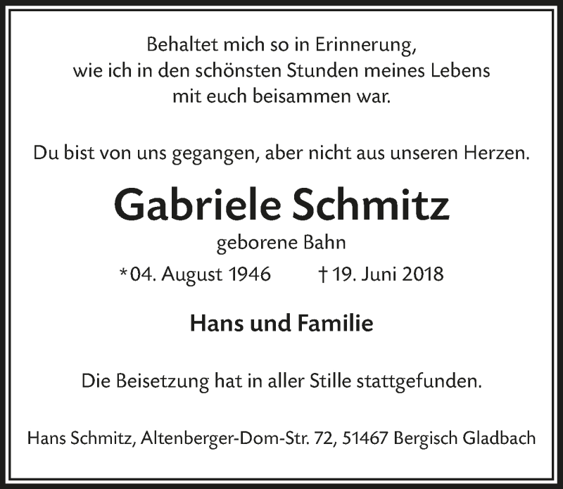  Traueranzeige für Gabriele Schmitz vom 07.07.2018 aus  Bergisches Sonntagsblatt 