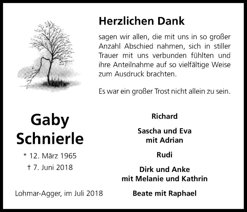  Traueranzeige für Gaby Schnierle vom 14.07.2018 aus HS