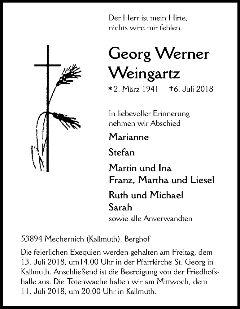  Traueranzeige für Georg Werner Weingartz vom 10.07.2018 aus EN