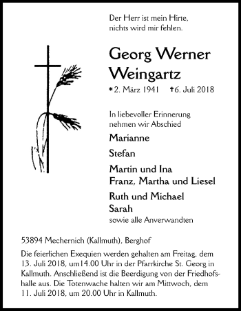 Anzeige von Georg Werner Weingartz von EN