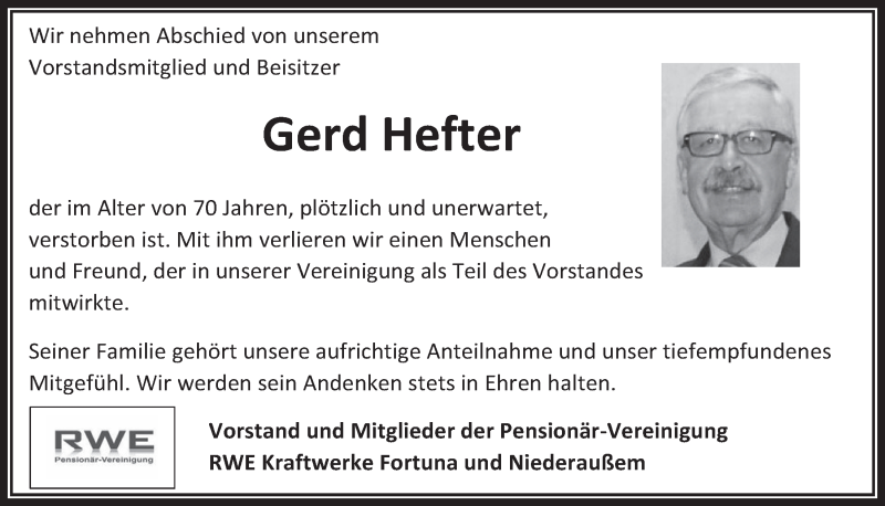  Traueranzeige für Gerd Hefter vom 04.07.2018 aus  Werbepost 