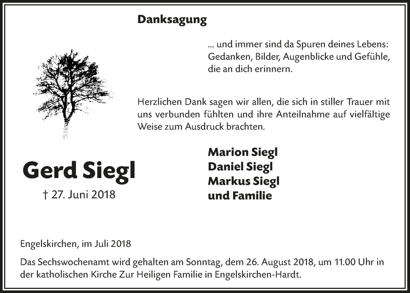 Traueranzeige für Gerd Siegl vom 01.08.2018 aus  Anzeigen Echo 
