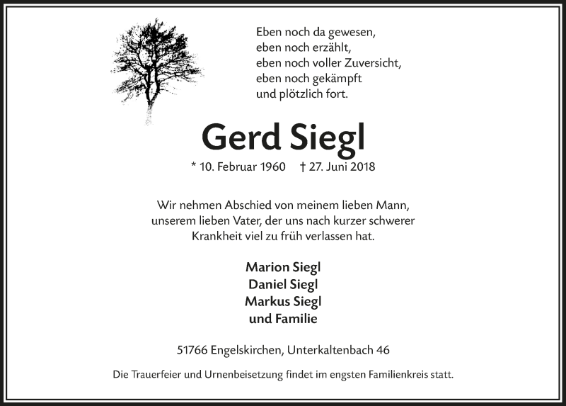  Traueranzeige für Gerd Siegl vom 04.07.2018 aus  Anzeigen Echo 