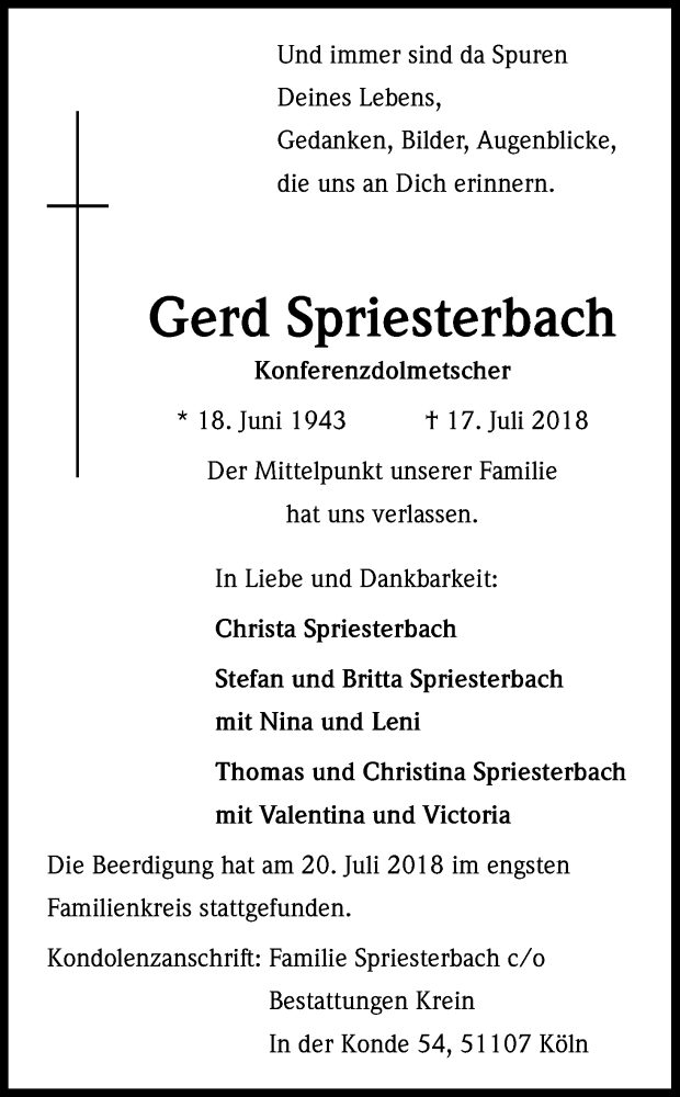  Traueranzeige für Gerd Spriesterbach vom 21.07.2018 aus GS