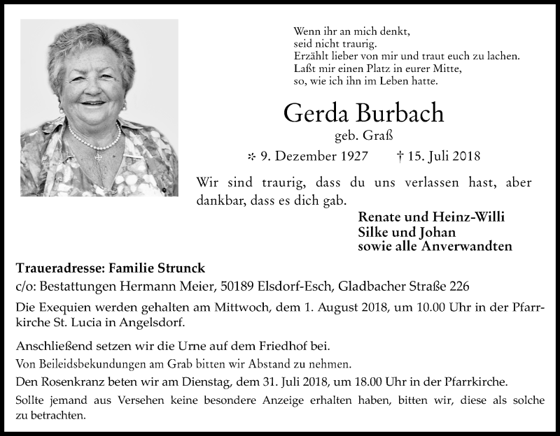  Traueranzeige für Gerda Burbach vom 25.07.2018 aus BG